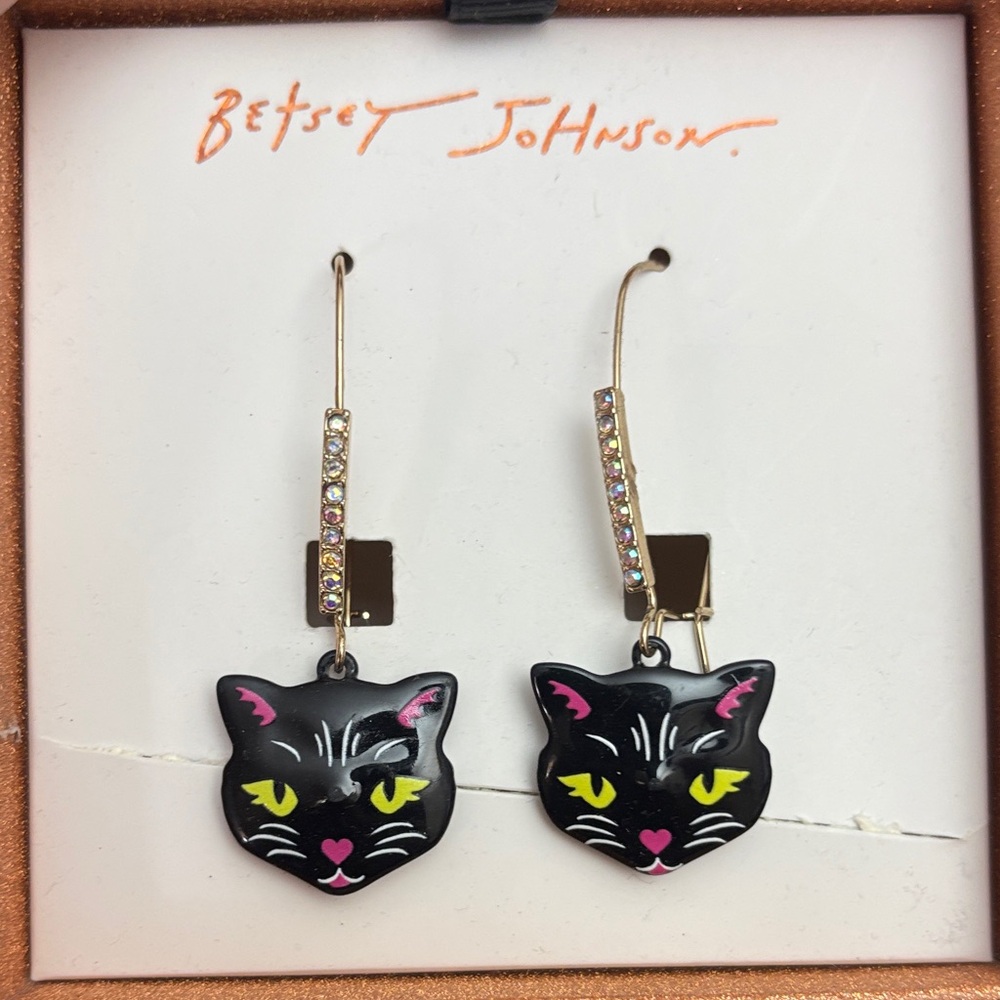 Betsey Johnson Black Cat Earrings with Pink and Yellow Accents - Picture 2 of 3